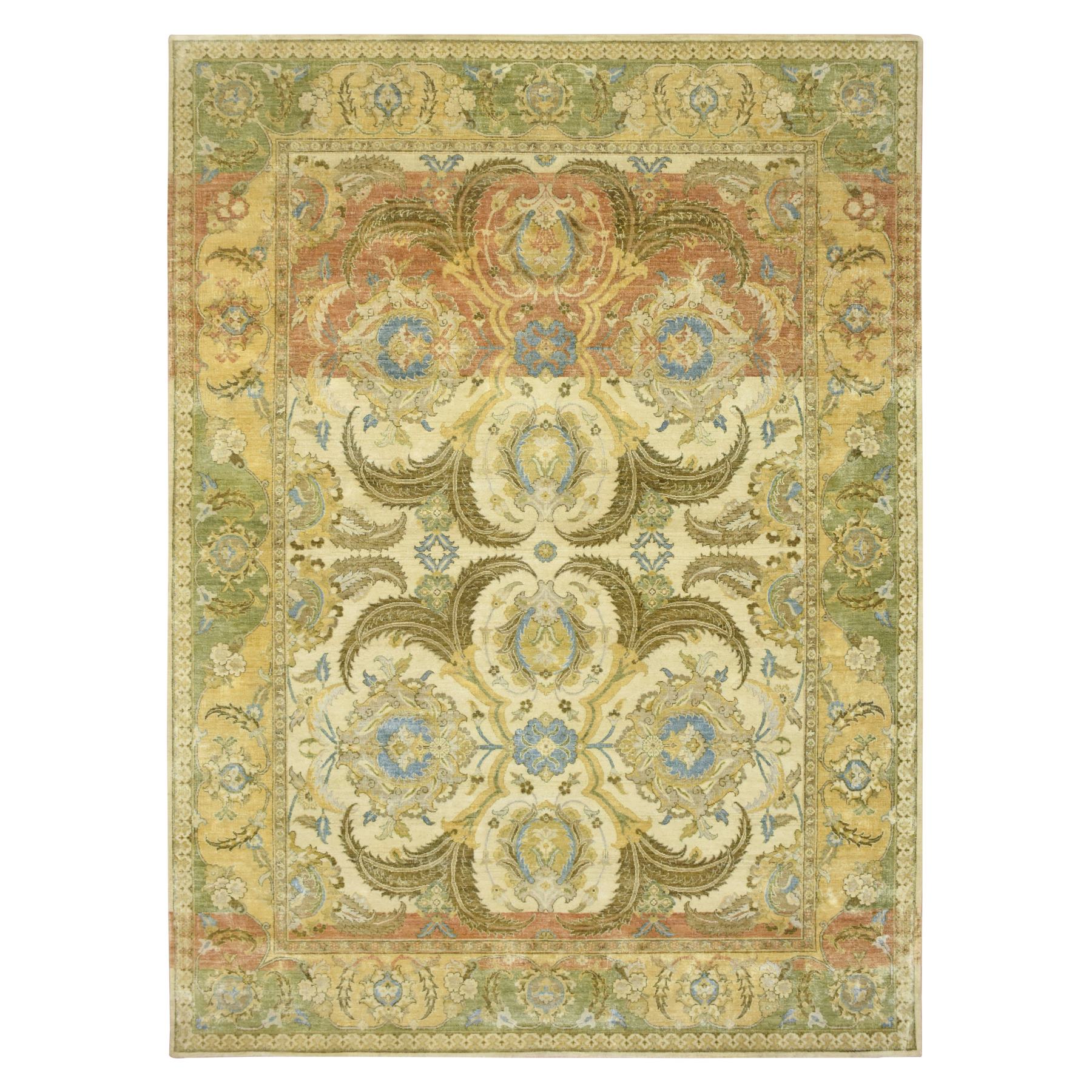 9'x12'3" Dusty Yellow, Polonaise Design, Pure Silk with Distinct Abrash, Hand Knotted, Soft Pile, Oriental Rug 